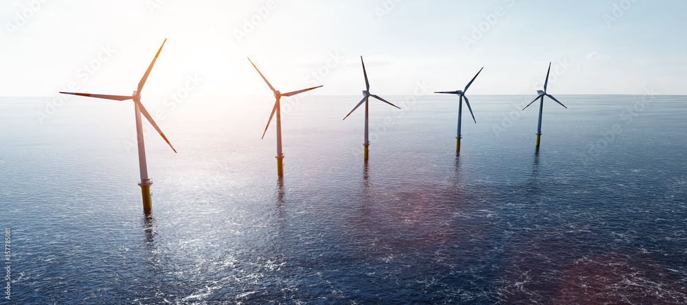 Offshore wind turbines farm on the ocean. Sustainable energy - obrazy, fototapety, plakaty 
