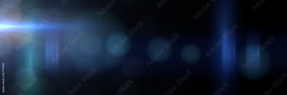intense blue and mainly off screen lens flare overlay texture with bokeh effect with black background panorama banner - obrazy, fototapety, plakaty 