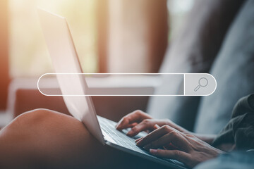 Searching Browsing Technology Internet Data Information Networking Concept. SEO Search Engine Optimization.hand of woman using computer laptop with Search Console on your website.