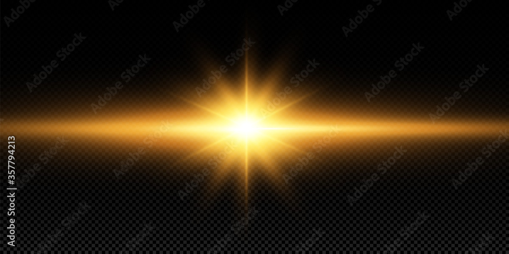Shining golden stars, sun isolated on a black background. Effects, glare, lines, glitter, explosion, golden light. Vector illustration - obrazy, fototapety, plakaty 