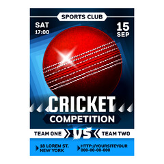 Wall Mural - Cricket Game Marketing Announcement Poster Vector. Cricket Ball And Wooden Bat Cricketer Player Sportive Equipment For Playing On Playground. Competition Concept Template Color Illustration