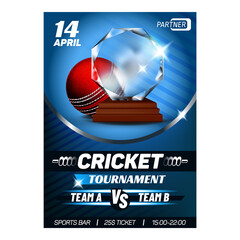 Sticker - Cricket Tournament Winner Award Card Poster Vector. Round Leather Cricket Playing Ball And Reward For Win Team. Teamwork Television Game Event Announcement Color Concept Template Illustration