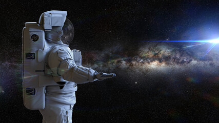 Wall Mural - astronaut presenting an empty space in front of the milky way galaxy