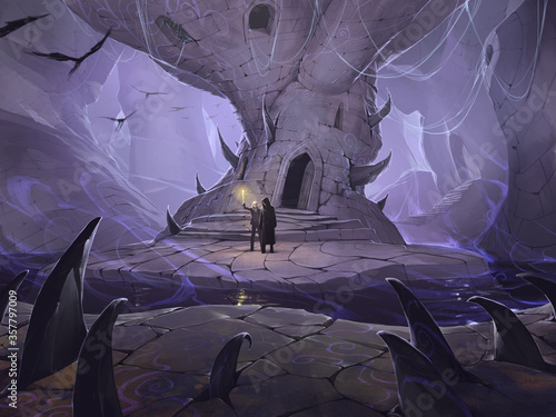 Cuadros en Lienzo Original digital illustration of a mysterious fantasy cave with two figures of a