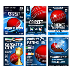 Poster - Cricket Team Sportive Game Posters Set Vector. Leather Seam Playing Ball And Player Bat Sport Equipment Collection Different Creative Advertising Banners. Leaflet Concept Template Illustrations