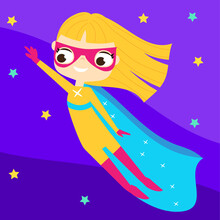 Superhero Girl. Super Kid. Child Wearing Fantasy Costume Fly In Night Sky