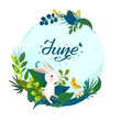 © MySunShine - Monthly calendar page with hand drawn lettering June and cute rabbit. Summer round card or background with white hear, butterflies, caterpillars, leaves, grass - flowers. Vector illustration.