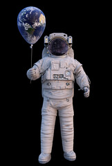 Wall Mural - astronaut with planet earth balloon isolated on black background