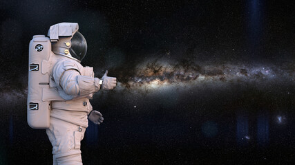 Wall Mural - astronaut showing thumbs up during space walk in empty space