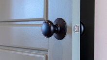 Panorama Frame Gray Paneled Hinged Wooden Bedroom Door With Black Door Knob And Visible Latch