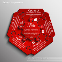 Fototapete - Red pentagon puzzle presentation infographic template with five explanatory text field for business statistics
