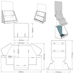 Counter display stand and Die-cut Pattern. The .eps file is full scale and fully functional. Prepared for real cardboard production.