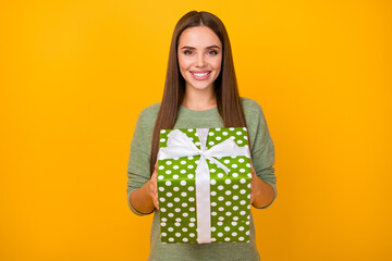 Canvas Print - Portrait of content lovely pretty sweet cute girl hold big dotted gift she get on 14-february 8-march anniversary celebration wear good look sweater isolated over bright color background