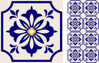 Seamless Azulejo tile. Portuguese and Spain decor. Islam, Arabic, Indian, Ottoman motif. Vector Hand drawn background