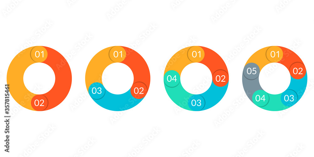 Pie chart set. Circle diagram design. Circular graph with 2, 3, 4, 5 ...