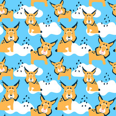   Modern simple illustration for paper clothes on blue seamless pattern. vector wild  animal cute lynx.forest cat cartoon character.