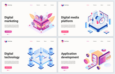 Aufkleber - Isometric digital marketing technology vector illustration. Creative modern concept banner set, website design with cartoon 3d social media marketing promotion, digital application development service