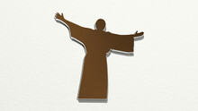 JESUS CHRIST Made By 3D Illustration Of A Shiny Metallic Sculpture On A Wall With Light Background