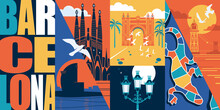 Spain, Catalonia Vector Skyline Illustration, Postcard. Travel To Barcelona Modern Flat Graphic Design Element