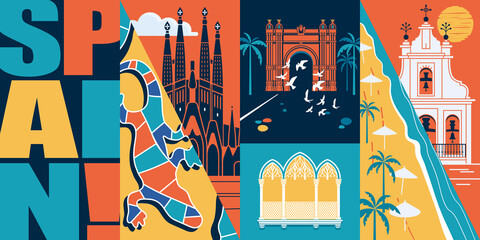 Wall Mural - Spain vector banner, illustration. City skyline, historical buildings in modern flat design style