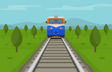 Train Crossing The Summer Steppe. Front View. Flat Vector Illustration.