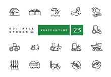 Agricultural Machinery And Agribusiness Vector Icons Set. Agriculture Farming And Horticulture Equipment Outline Symbols Pack. Tractor Combine Harvester Isolated Contour Illustrations. Editable Stroke