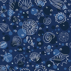 Wall Mural - Seashells hand drawn vector seamless pattern in blue tones. illustration for babay and kids textille, paper and fabric. Cartoon and sketch stile