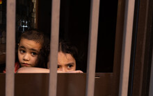 Brothers Staying Home Behind Bars Looking Sad Outside 