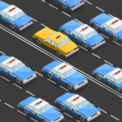 Flat 3D isometric police car model. City transport automobile road. Sedan police auto. Urban classic motor vehicle. Infographic traffic route. 3d isometry police automobile street traffic icon set