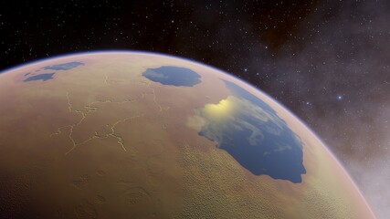 beautiful alien planet in far space, realistic exoplanet, planet similar to Earth, detailed planet surface, space background 3d render