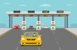 Cars passing through checkpoint to pay road toll at highway. Flat vector illustration.