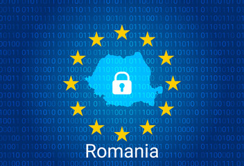 Sticker - Map of Romania, with lock and binary code background. europe union internet blocking, virus attack, privacy protect. vector