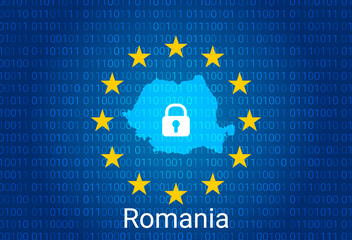 Wall Mural - Map of Romania, with lock and binary code background. europe union internet blocking, virus attack, privacy protect. vector