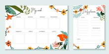 Weekly And Daily Planner Template With Flowers Vector Illustration. Notebook Or Sticker With To Do List, Days And Empty Squares. Journal For Effective Work, Organization And Time Management