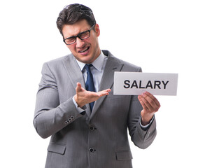 Businessman asking for salary increase isolated on white backgro