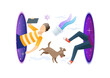 Hipster man with dog flying through the portal. Fantasy teleport. Online computer game concept. Modern style vector illustration for landing page, website, banners and presentation.
