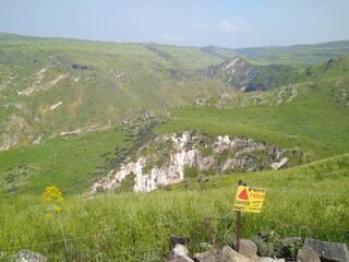 Golan Heights in spring in Israel. Picturesque landscape, panorama, the old border.