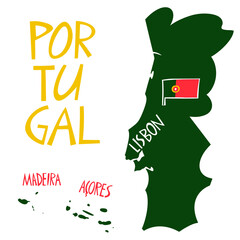 vector hand drawn stylized map of portugal. travel illustration of portuguese republic shape. hand d