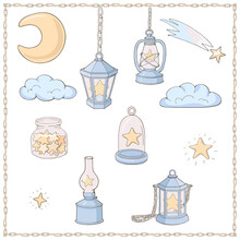 Set Of Various Stars In Lanterns, Clouds And The Moon. Decor Elements For Gift Card And Kids Products. Vector Illustration. Pastel Blue And Yellow сolors.