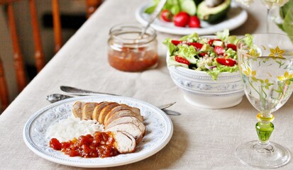 Poster - chicken breast, rice, chutneys, vegetables and green salad and strawberries. special diet for fat free diets. beautiful lunch no fat