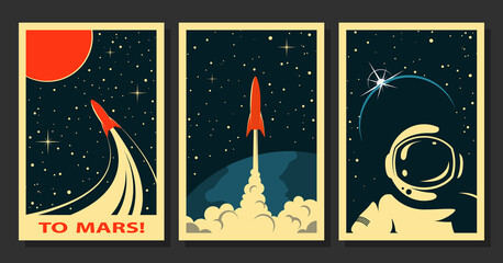 vector space posters. stylized under the old soviet space propaganda