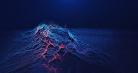 Abstract particles space mountain with lava and stars background.