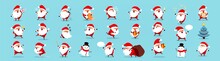 Santa Claus Big Christmas And New Year Set. Set Of Funny Cartoon Santa With Different Emotions And Situations. Vector Illustration Isolated On Light Blue Background