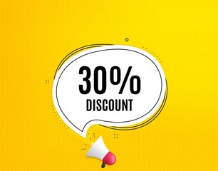 30% Discount. Megaphone banner with chat bubble. Sale offer price sign. Special offer symbol. Loudspeaker with speech bubble. Discount promotion text. Social Media banner. Vector