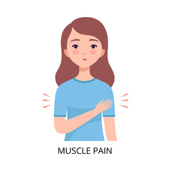 Sticker - Muscle Pain, Girl Suffering from Symptom of Viral Infection, Influenza or Respiratory Illness, Healthcare and Medicine Information about Flu and Virus Prevention Vector Illustration