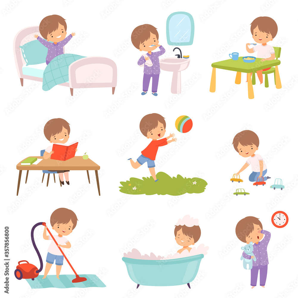 Toddler Routine Cartoon Preschool Kid Daily Routine Activities Set, Cute Boy Waking Up ...