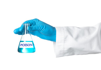 Scientist holding flask with poison on white background, closeup