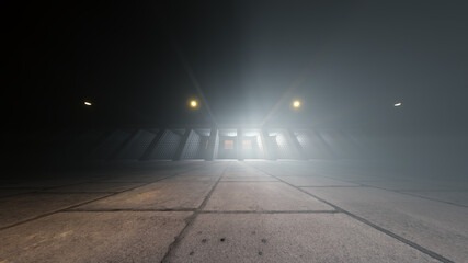 Camera walk in prison. Surrounded by prison cells. Gloomy mood. Fog, rays, daylight. Walk-through the gaol. Crime. Interrogation. Justice. Separated cell. One person. Guard. Walk. 3d Rendering