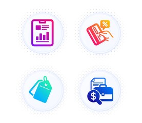 Wall Mural - Report document, Sale tags and Credit card icons simple set. Button with halftone dots. Accounting report sign. Page with charts, Discount labels, Loan percent. Financial case. Finance set. Vector