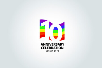 10 year anniversary celebration logotype with white number Emboss Style isolated on LGBT Colorful Flag on white grey background for invitation card, banner or flyer -vector